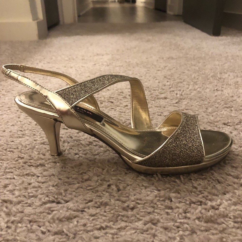 Sparkly 2” strappy slip-on heels